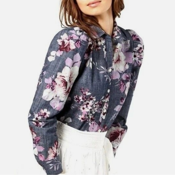 Jill Jill Stuart Chambray Floral Button Up Top Multicolor SZ 2 Long Sleeve NWT - Picture 4 of 10